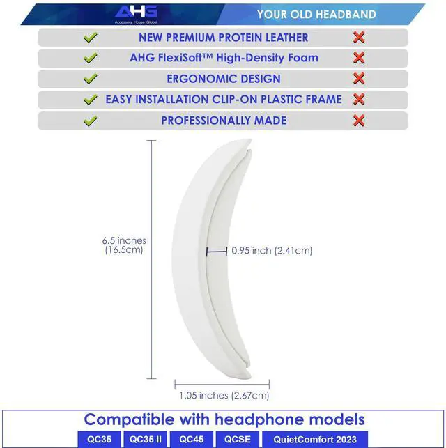 Alt view image 5 of 5 - AHG Accessory House Global QC35 ii / QC35 Headband pad Cushion Cover. Compatible with Bose QuietComfort 35 / QC35 II Headphones (White). Easy Clip on Design | Premium PU | FlexiSoft High-Density Foam
