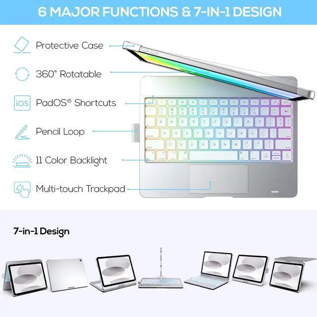 Alt view image 4 of 5 - typecase Touch iPad 10th Generation Case with Keyboard (10.9", 2022) and iPad A16 (11th Gen, 2025)  360° Rotatable, 11-Color Backlit, Multi-Touch Trackpad, Thin & Light (Silver)