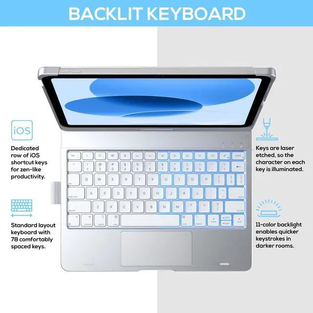 Alt view image 3 of 5 - typecase Touch iPad 10th Generation Case with Keyboard (10.9", 2022) and iPad A16 (11th Gen, 2025)  360° Rotatable, 11-Color Backlit, Multi-Touch Trackpad, Thin & Light (Silver)