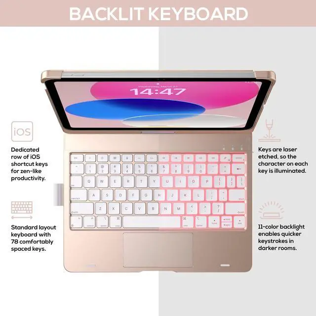 Alt view image 3 of 5 - typecase Touch iPad 10th Generation Case with Keyboard (10.9", 2022) and iPad A16 (11th Gen, 2025)  360° Rotatable, 11-Color Backlit, Multi-Touch Trackpad, Thin & Light (Rose Gold)
