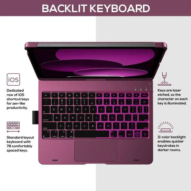 Alt view image 3 of 5 - typecase Touch iPad 10th Generation Case with Keyboard (10.9", 2022), Multi-Touch Trackpad, 10 Color Backlight, 360° Rotatable, Thin & Light for Apple iPad 10th Gen 10.9 (Raspberry)