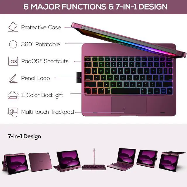 Alt view image 4 of 5 - typecase Touch iPad 10th Generation Case with Keyboard (10.9", 2022), Multi-Touch Trackpad, 10 Color Backlight, 360° Rotatable, Thin & Light for Apple iPad 10th Gen 10.9 (Raspberry)