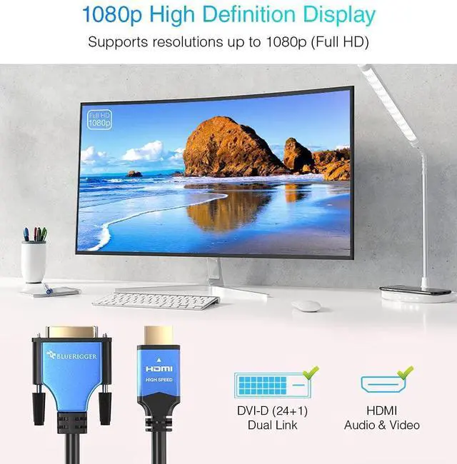 Alt view image 2 of 5 - BlueRigger HDMI to DVI Cable (35FT, High-Speed, Bi-Directional Adapter Male to Male, DVI-D 24+1, 1080p, Aluminum Shell) - Compatible with Raspberry Pi, Roku, Xbox One, PS5/PS4, Graphics Card