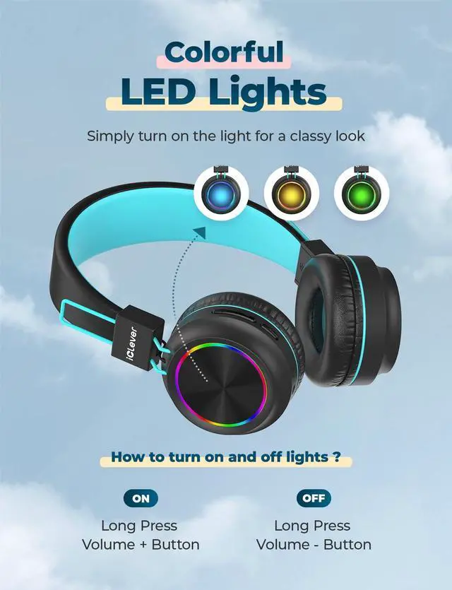Alt view image 2 of 5 - iClever BTH03 Kids Bluetooth Headphones, Colorful LED Lights, 35H Playtime, Bluetooth 5.4,Type C Fast Charging, Safe Volume, Stereo Sound Mic,On Ear Kids Wireless Headphones for iPad Airplane (Black)