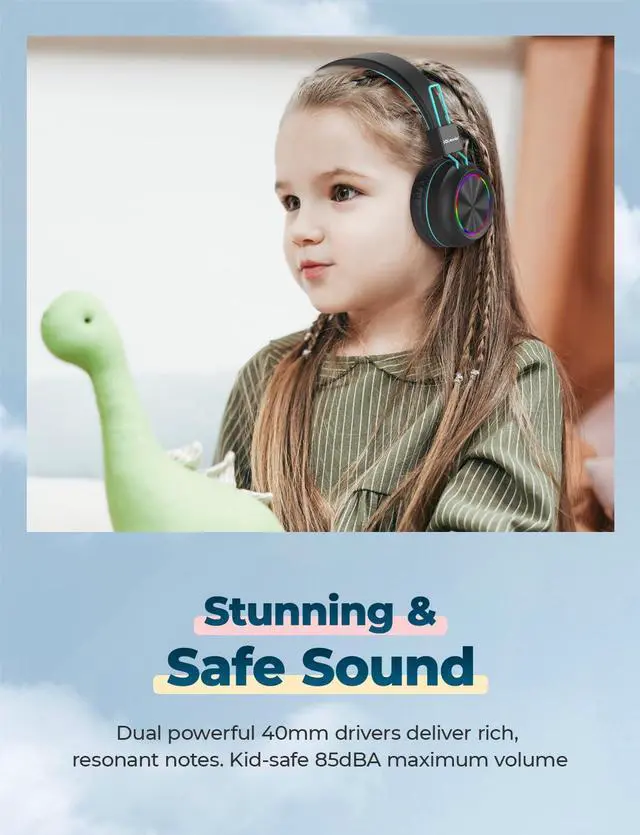 Alt view image 3 of 5 - iClever BTH03 Kids Bluetooth Headphones, Colorful LED Lights, 35H Playtime, Bluetooth 5.4,Type C Fast Charging, Safe Volume, Stereo Sound Mic,On Ear Kids Wireless Headphones for iPad Airplane (Black)