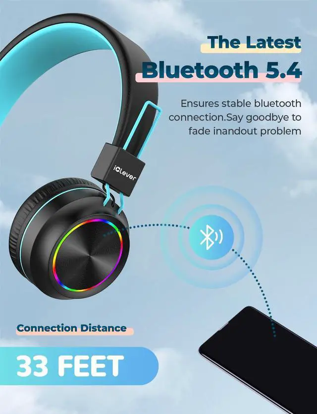 Alt view image 4 of 5 - iClever BTH03 Kids Bluetooth Headphones, Colorful LED Lights, 35H Playtime, Bluetooth 5.4,Type C Fast Charging, Safe Volume, Stereo Sound Mic,On Ear Kids Wireless Headphones for iPad Airplane (Black)