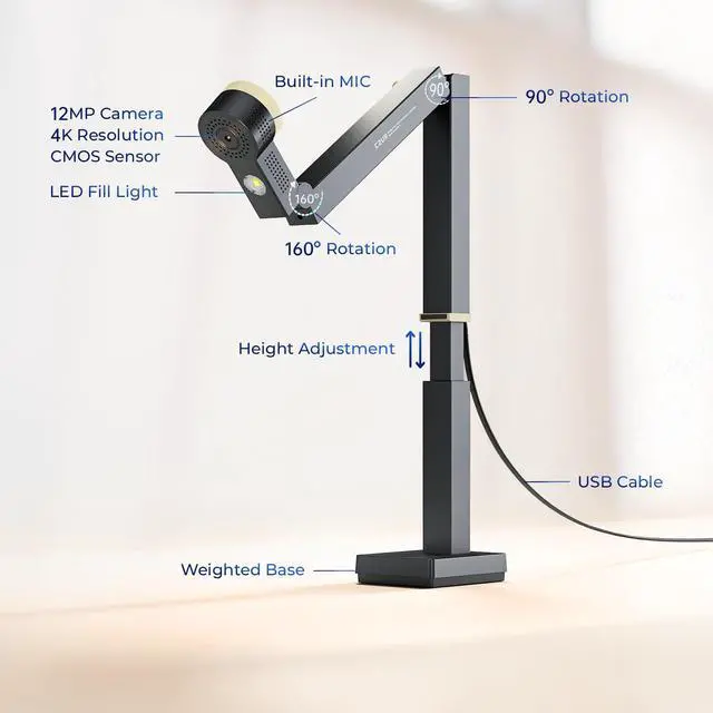 Alt view image 2 of 5 - CZUR Fancy S Pro 12MP USB Document Camera for Teacher, 4K Webcam with Microphone and LED Light, Up to 60fps, Auto Focus, for Remote Teaching, Live Streaming, Web Conference, for Mac and Windows