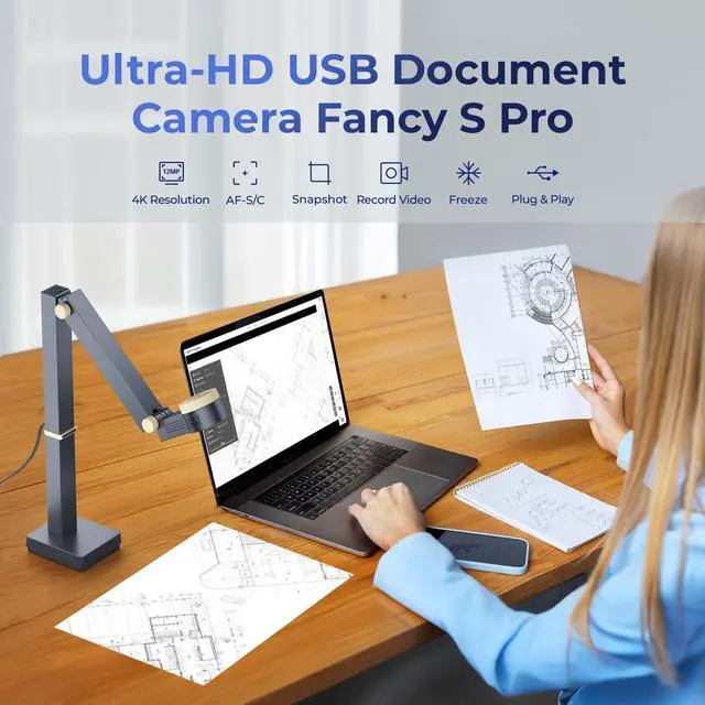 Alt view image 4 of 5 - CZUR Fancy S Pro 12MP USB Document Camera for Teacher, 4K Webcam with Microphone and LED Light, Up to 60fps, Auto Focus, for Remote Teaching, Live Streaming, Web Conference, for Mac and Windows