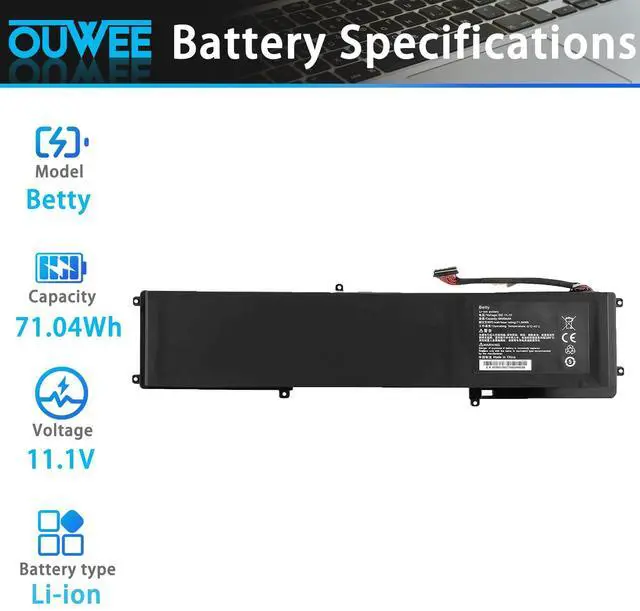 Alt view image 2 of 5 - OUWEE Betty Laptop Battery Compatible with Razer Blade 14" 2013 2014 2015 RZ09-0102 RZ09-0116 RZ09-0130 RZ09-01021101-R3U1 RZ09-01161E30 RZ09-01161E31 RZ09-01301E20 Series 11.1V 71.04wh 6400mAh