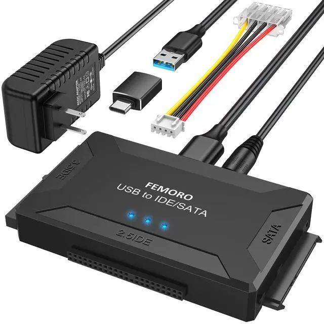 Main image of FEMORO Hard Drive Reader IDE SATA to USB 3.0 + USB C Adapter, 3in1 Ultra Data Retrieval Converter Kit with 12V/2A Power Supply for Internal 2.5'' SSD 3.5'' HDD IDE SATA Blu-ray Drive