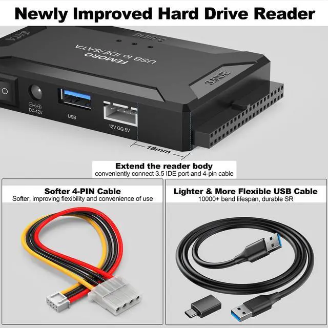 Alt view image 3 of 5 - FEMORO Hard Drive Reader IDE SATA to USB 3.0 + USB C Adapter, 3in1 Ultra Data Retrieval Converter Kit with 12V/2A Power Supply for Internal 2.5'' SSD 3.5'' HDD IDE SATA Blu-ray Drive
