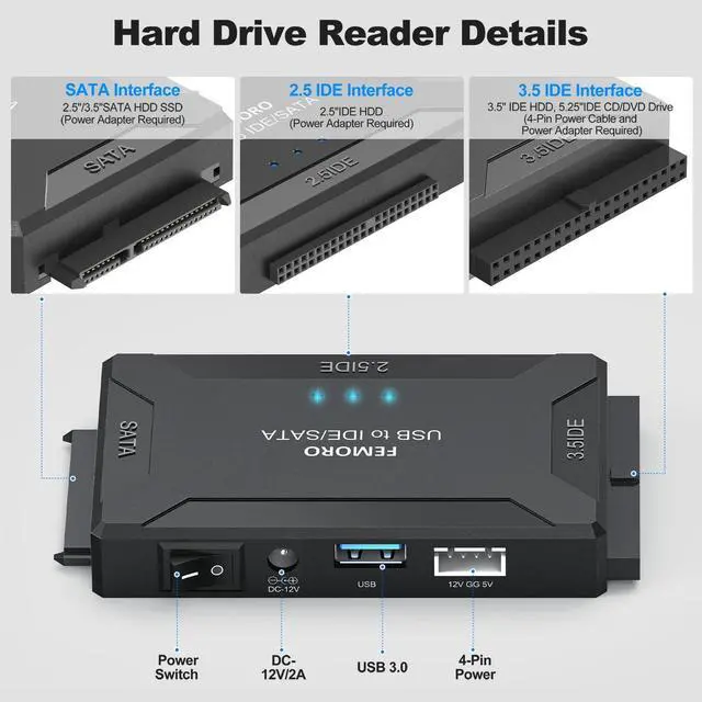 Alt view image 4 of 5 - FEMORO Hard Drive Reader IDE SATA to USB 3.0 + USB C Adapter, 3in1 Ultra Data Retrieval Converter Kit with 12V/2A Power Supply for Internal 2.5'' SSD 3.5'' HDD IDE SATA Blu-ray Drive