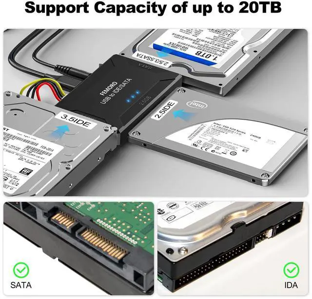 Alt view image 5 of 5 - FEMORO Hard Drive Reader IDE SATA to USB 3.0 + USB C Adapter, 3in1 Ultra Data Retrieval Converter Kit with 12V/2A Power Supply for Internal 2.5'' SSD 3.5'' HDD IDE SATA Blu-ray Drive