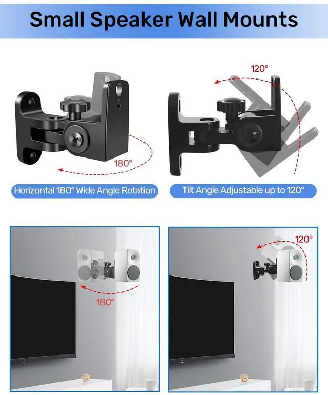 Alt view image 2 of 5 - Speaker Wall Mounts, 2 Packs Universal Mounting Bracket for Small Bookshelf Speakers, Vertical 120°, Horizontal 180°Adjustment, Compatible with Bose, JBL, KEF,Sony & Others, Hold up to 32 lbs