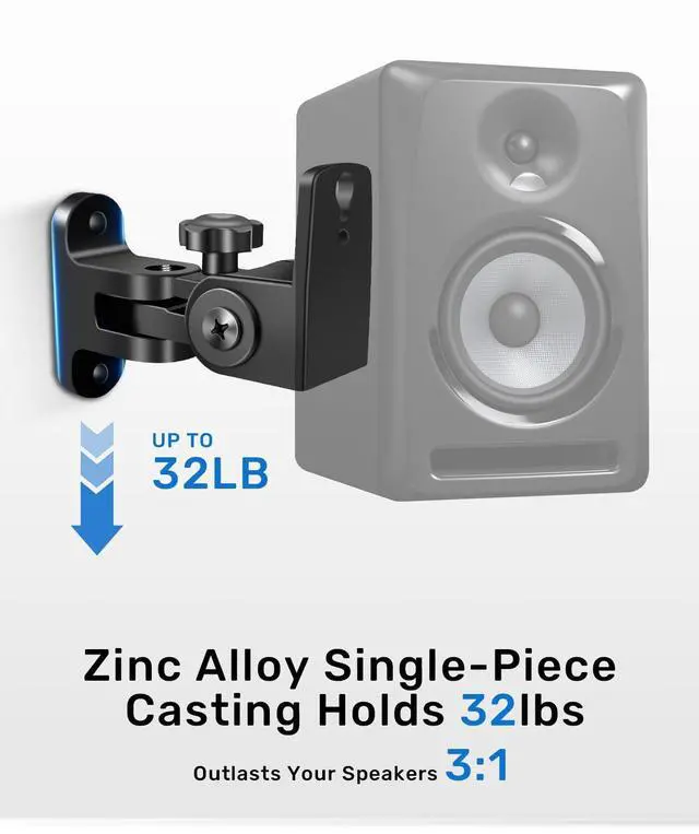 Alt view image 4 of 5 - Speaker Wall Mounts, 2 Packs Universal Mounting Bracket for Small Bookshelf Speakers, Vertical 120°, Horizontal 180°Adjustment, Compatible with Bose, JBL, KEF,Sony & Others, Hold up to 32 lbs