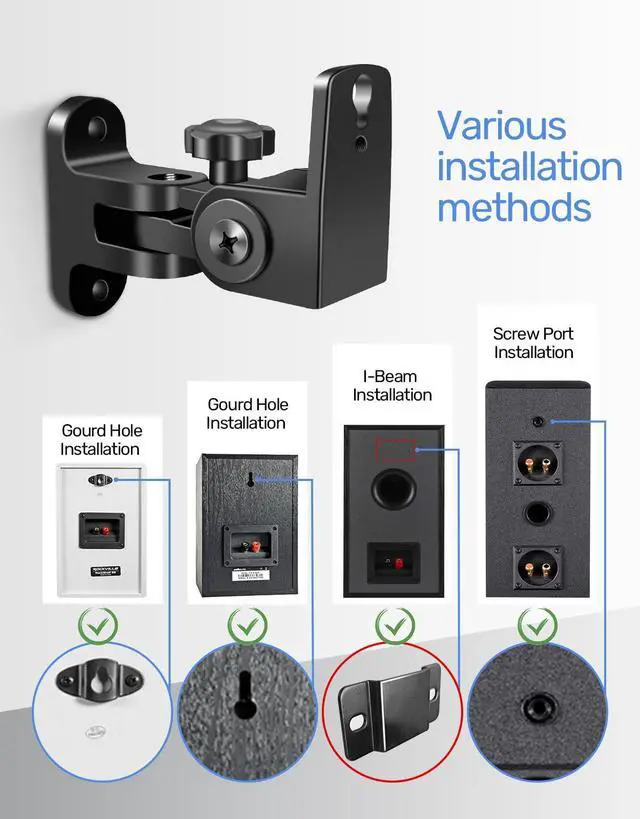 Alt view image 3 of 5 - Speaker Wall Mounts, 2 Packs Universal Mounting Bracket for Small Bookshelf Speakers, Vertical 120°, Horizontal 180°Adjustment, Compatible with Bose, JBL, KEF,Sony & Others, Hold up to 32 lbs