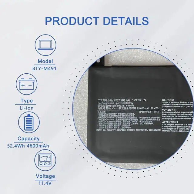 Alt view image 2 of 5 - JOTACT BTY-M491 11.4V Laptop Battery for MSI Modern 15 A10M A10M-028DE A10M-029 A10RAS A10RAS-076FR A10RAS-206IT A10RB A10RB-041TW A10RD A11M A11SB A4M A4MW MS-155K Summit B15 A11M Stealth 52.4Wh