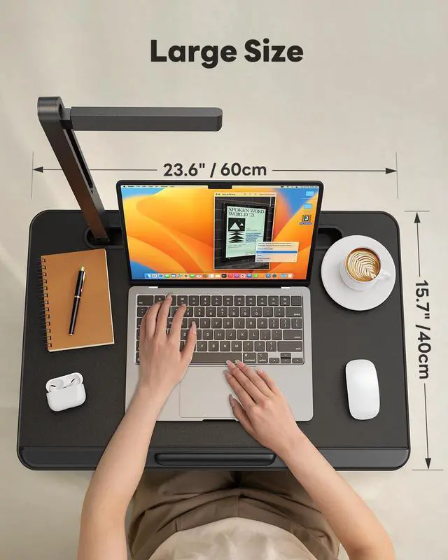 Alt view image 4 of 5 - Laptop Table with LED Desk Light, SAIJI Laptop Stand for Bed, Height Adjustments Bed Desk with Book Stand for Reading Writing Drawing (Black)