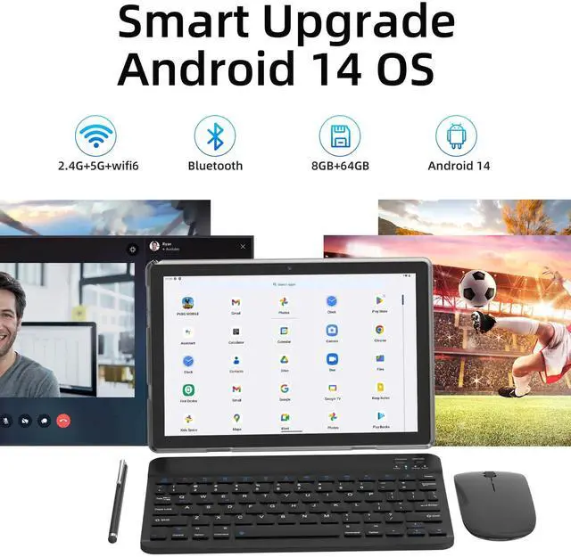 Alt view image 3 of 5 - Tablet 10 Inch Android 14 Tableta, 2 in 1 Tablets with Keyboard Mouse Case Stylus, 8GB RAM+64GB ROM Support 1TB expansion, 2MP+8MP Dual Camera, 6000mAh Battery, Bluetooth WIFI6 1280 * 800 10.1" HD Tab