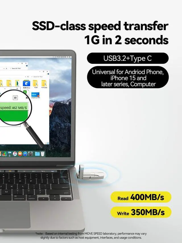 Alt view image 2 of 5 - MOVE SPEED 128GB Solid State Flash Drive 400MB/s High Speed Type C + USB 3.2 Drive Dual Port, Thumb Drive Compatible with iPhone 15, 16 Series/Android Phone/MacBook/Audio/Smart TV(1 Pack)