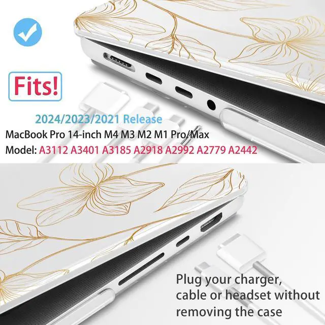 Alt view image 2 of 5 - Mektron Case for MacBook Pro 14 inch 2024 2023 2021 Model M4 A3112 A3401 A3185 M3 A2918 A2992 M2 A2779 M1 A2442 Pro/Max, Plastic Hard Shell Case Cover for MacBook Pro 14", Gold Flower S718