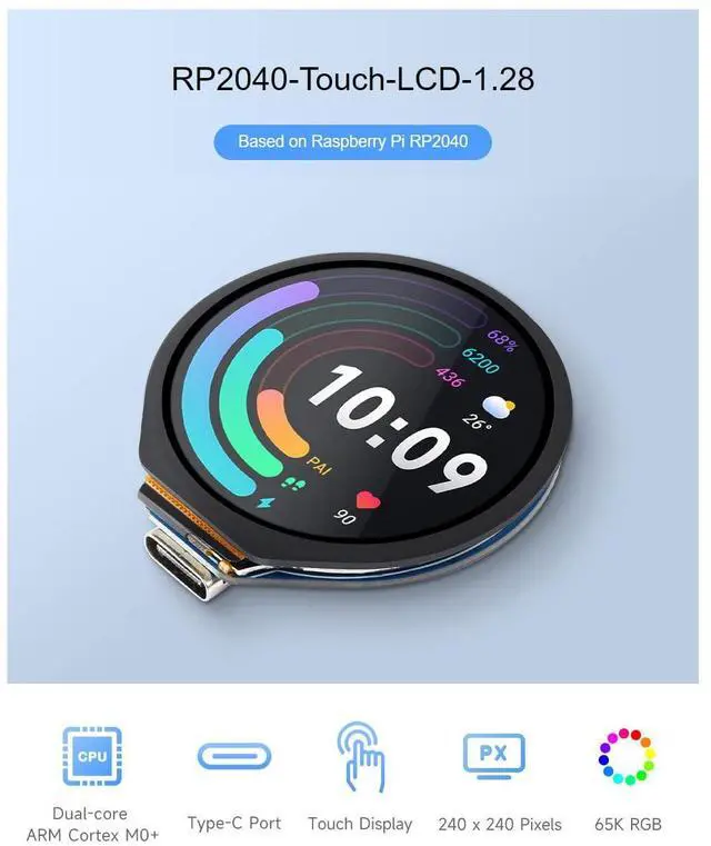 Alt view image 4 of 5 - Coolwell RP2040 Microcontroller Development Board with 1.28inch Round Touch LCD Display Tiny Size Accelerometer and Gyroscope Sensor USB Type-C Port 6-axis Sensor