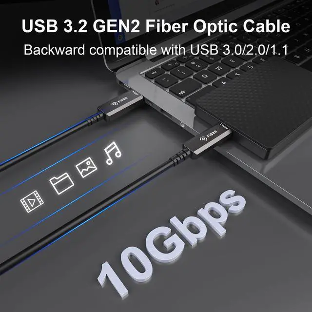 Alt view image 3 of 5 - FIBBR Fiber Optic USB3.2 Cable(50ft), 10Gpbs USB A to USB C Cable for Webcams, VR/AR,Projectors,Displays and More