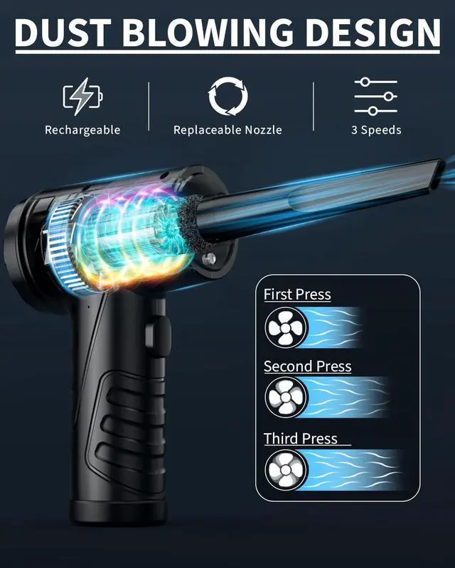 Alt view image 2 of 5 - Powerful Compressed Air Duster for Deep Cleaning-Replace Compressed Air Can-No Canned Air Duster-Keyboard Cleaner-PC Cleaning-Rechargeable-3-Speeds-95000RPM Cordless Air Blower-Car Duster 8000mAh