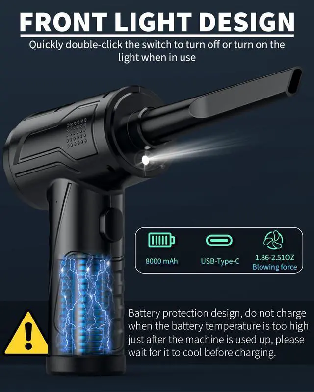 Alt view image 4 of 5 - Powerful Compressed Air Duster for Deep Cleaning-Replace Compressed Air Can-No Canned Air Duster-Keyboard Cleaner-PC Cleaning-Rechargeable-3-Speeds-95000RPM Cordless Air Blower-Car Duster 8000mAh