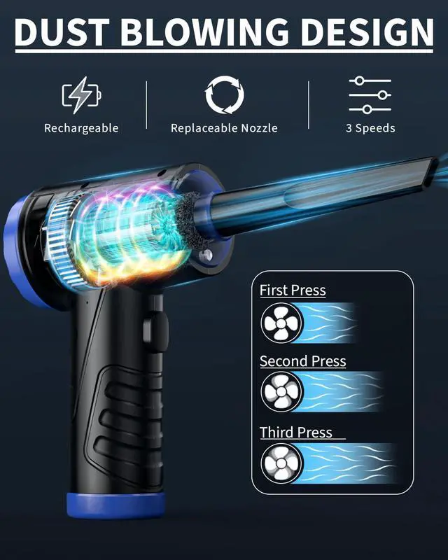 Alt view image 2 of 5 - Powerful Compressed Air Duster for Deep Cleaning-Replace Compressed Air Can-No Canned Air Duster-Keyboard Cleaner-PC Cleaning-Rechargeable-3-Speeds-95000RPM Cordless Air Blower-Car Duster-Blue