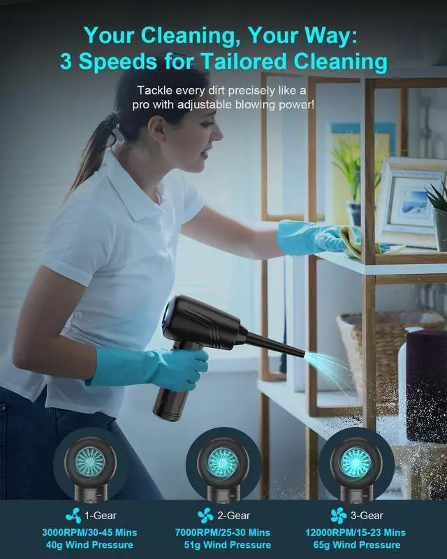 Alt view image 4 of 5 - BANKKY 11-in-1 Compressed Air Duster, 3-Gear Adjustable 120000 RPM Electric Air Duster with LED Light, Reusable no Canned Keyboard Cleaner for Office, 9000mAh Cordless Air Duster for Computer/Car