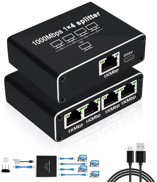Main image of Ethernet Splitter 1 to 4 High Speed LAN Splitter, Gigabit 1000Mbps RJ45 Splitter 4 Out Network Internet Distributor with USB Power Cable, 4 Devices Simultaneous Networking Worked with Cat6/7/8 Cable
