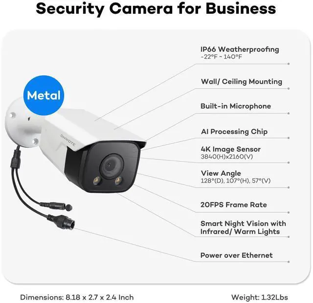 Alt view image 3 of 5 - ONWOTE 4K 8MP PoE IP Camera, Smart AI Human Vehicle Detection Activate Bright Spotlights, 128° Wide Viewing Angle, Indoor/Outdoor, Commercial Wired Camera for Business, Add-on to PoE NVR System