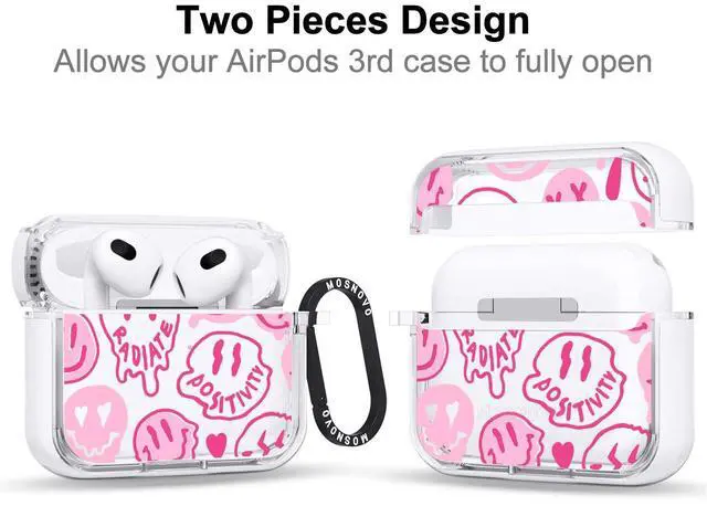 Alt view image 2 of 5 - MOSNOVO for Airpods 3 Case, for Airpods 3 Cover, Pink Dripping Smiles Face Print Protective Clear Case with Shockproof Dual Layer Hard Luxe Metal Ring Designed for AirPods 3rd Generation