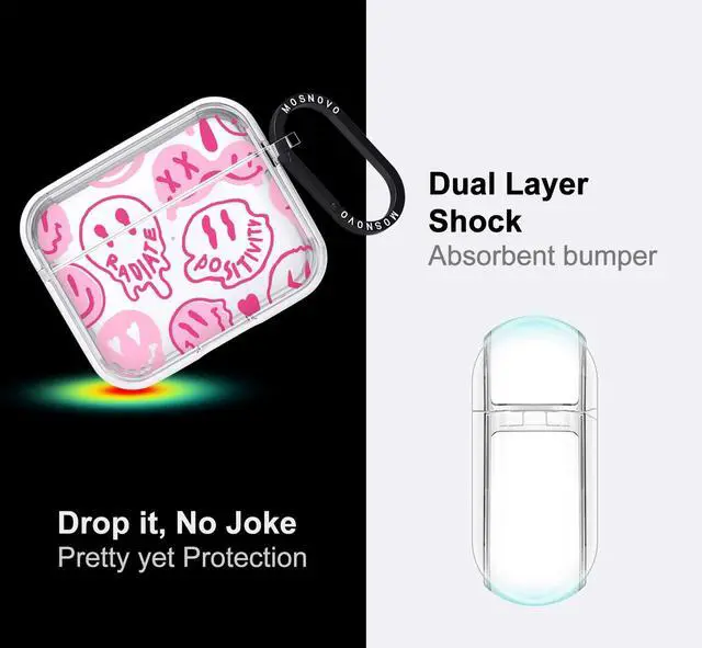 Alt view image 4 of 5 - MOSNOVO for Airpods 3 Case, for Airpods 3 Cover, Pink Dripping Smiles Face Print Protective Clear Case with Shockproof Dual Layer Hard Luxe Metal Ring Designed for AirPods 3rd Generation