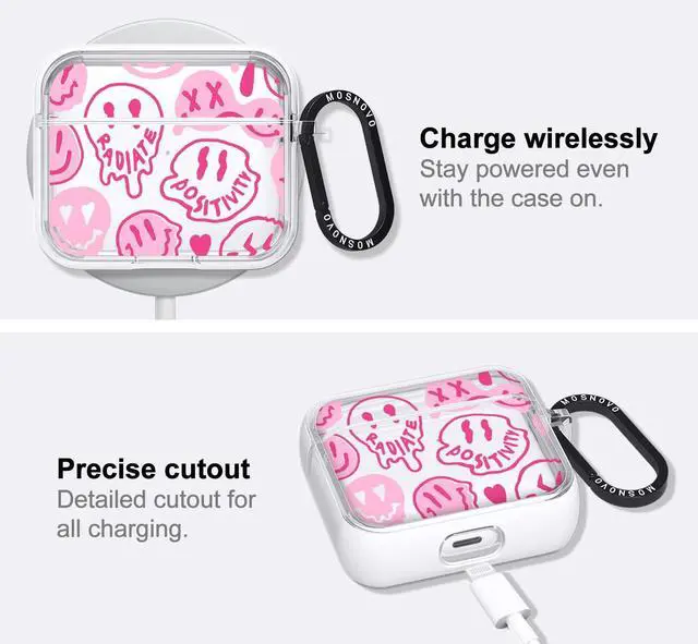 Alt view image 5 of 5 - MOSNOVO for Airpods 3 Case, for Airpods 3 Cover, Pink Dripping Smiles Face Print Protective Clear Case with Shockproof Dual Layer Hard Luxe Metal Ring Designed for AirPods 3rd Generation