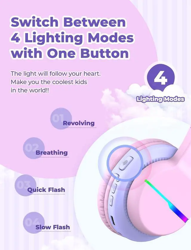 Alt view image 2 of 5 - iClever BTH12 Kids Bluetooth Headphones,Colorful LED Lights,74/85dBA Safe Volume,85H Playtime,Bluetooth 5.2,Over Ear Headphones Built-in Mic for iPad/Tablet/Airplane,Blossom Pink