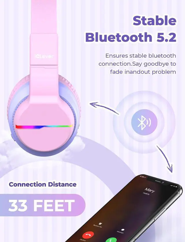 Alt view image 5 of 5 - iClever BTH12 Kids Bluetooth Headphones,Colorful LED Lights,74/85dBA Safe Volume,85H Playtime,Bluetooth 5.2,Over Ear Headphones Built-in Mic for iPad/Tablet/Airplane,Blossom Pink