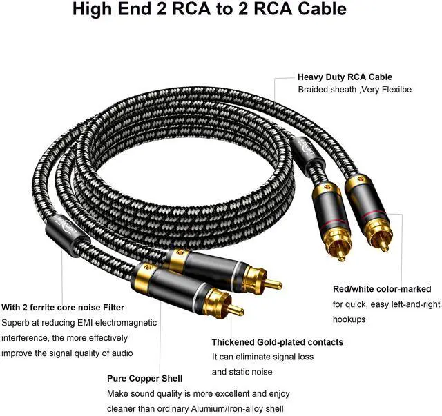 Alt view image 3 of 5 - Wekuant Audiophiles RCA Cable, 2 RCA Male to 2RCA Male HiFi System Silvered-Plated Copper core with ferrite cores, Gold-Plated Heavy Duty (1m (3.2 Feet))