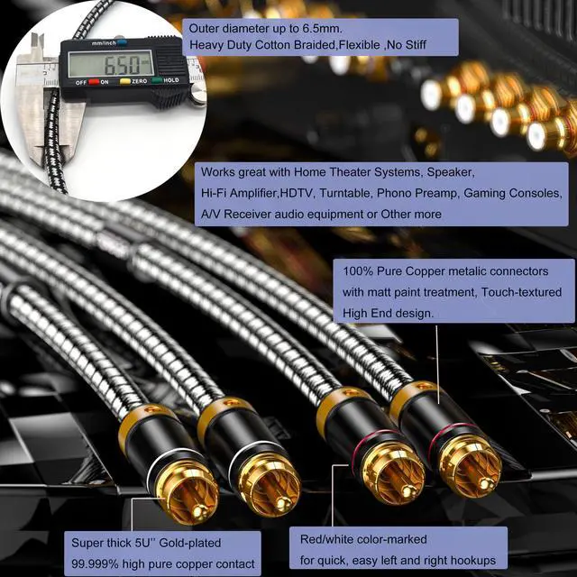 Alt view image 4 of 5 - Wekuant Audiophiles RCA Cable, 2 RCA Male to 2RCA Male HiFi System Silvered-Plated Copper core with ferrite cores, Gold-Plated Heavy Duty (1m (3.2 Feet))