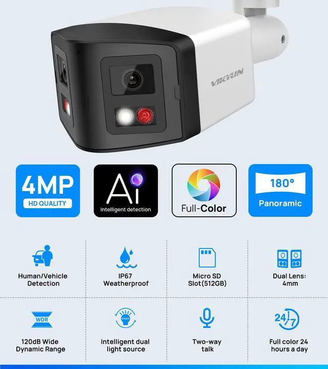 Alt view image 2 of 5 - VIKYLIN 180° Dual-Lens 4MP PoE IP Security Bullet Camera with Panoramic Ultra Wide Viewing Angle, 2-Way Talk, Human Detection, SD (512GB), Full Color/EXIR2.0 Night Vision,NDAA Complaint