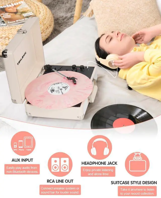 Alt view image 2 of 5 - Record Player with Enhanced Speakers 3-Speed Bluetooth Suitcase Portable Vinyl Record Player Treble & Bass Control Belt Drive Vinyl Vintage Turntable AUX Line-in/Out, Creamy