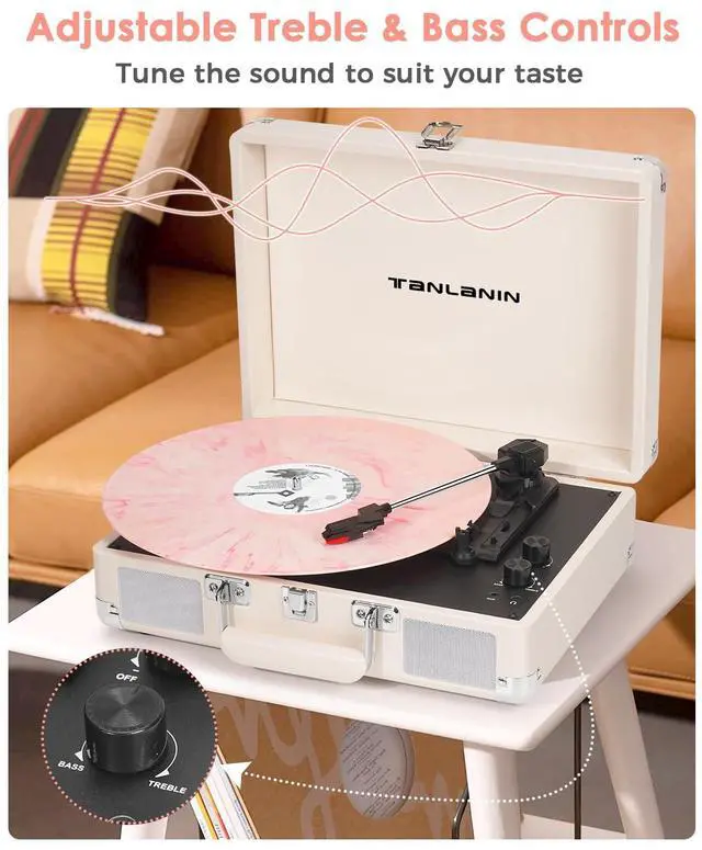 Alt view image 3 of 5 - Record Player with Enhanced Speakers 3-Speed Bluetooth Suitcase Portable Vinyl Record Player Treble & Bass Control Belt Drive Vinyl Vintage Turntable AUX Line-in/Out, Creamy