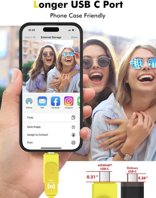 Alt view image 2 of 5 - MOSDART 512GB USB3.1 Fast Speed C and A Dual Flash Drive, exFAT Memory Stick with Keychain and LED Indicator, for iPhone 15 and 16, Android Phone, iPad, MacBook, and Other Laptops,Yellow