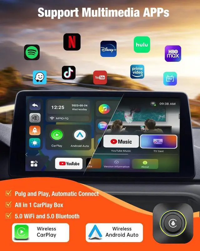 Alt view image 2 of 5 - KAMING Wireless CarPlay Adapter for Apple CarPlay and Android Auto, CarPlay Streaming Supports NetfIix, YouTube, IPTV, Wired CarPlay Cars from 2015 Purple