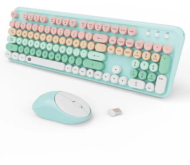 Main image of Keyboard and Mouse Wireless,2.4Ghz Retro Typewriter Style Round Keycap,Full Size Wireless Keyboard Mouse Combo,Cute Cordless Keyboard Mouse Set for PC Laptop Desktop Computer-Green White Pink Colorful