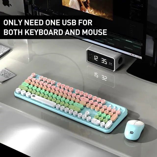 Alt view image 2 of 5 - Keyboard and Mouse Wireless,2.4Ghz Retro Typewriter Style Round Keycap,Full Size Wireless Keyboard Mouse Combo,Cute Cordless Keyboard Mouse Set for PC Laptop Desktop Computer-Green White Pink Colorful