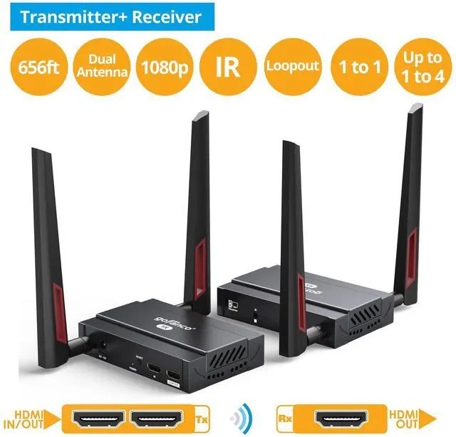 Alt view image 2 of 5 - gofanco 5GHz Wireless HDMI Extender Kit  Up to 656ft (200m) at 1080p, Supports Up to 4 Receivers, Dual Antenna, Long Range, 5GHz Frequency, Loopout, IR Extension, 2ch PCM Audio (HDwireless1x4)