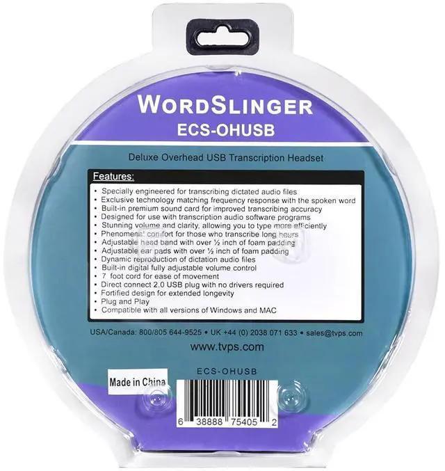 Alt view image 3 of 5 - ECS WordSlinger USB Transcription Headset, 7-Foot Cord, Over-Head Design, Superior Audio Clarity, External Sound Card, Perfect for Medical & Legal Dictation, Comfortable Padded Headband & Ear Cups