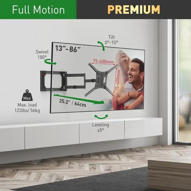 Alt view image 2 of 5 - Barkan TV Wall Mount, 40-80 inch Full Motion Articulating - 4 Movement Flat/Curved Screen Bracket, Holds up to 110lbs, Patented, Extra Stable